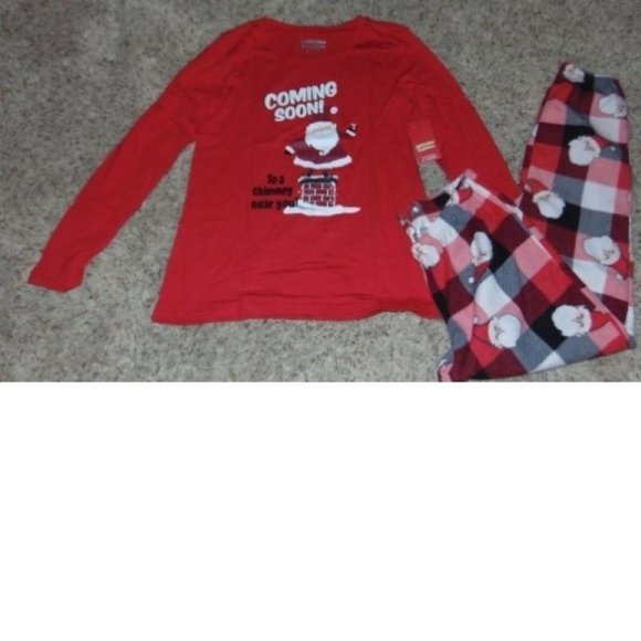 Womens Christmas Pajamas Medium Santa Coming Soon Red Plaid Top & Fleece Pants - Picture 2 of 8